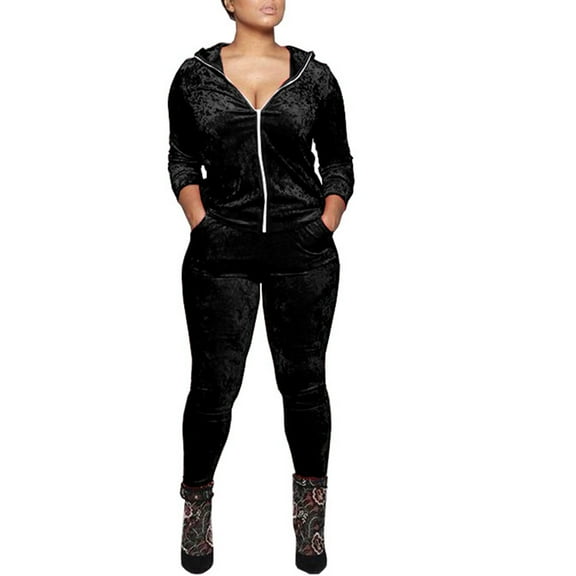 jtjvou rack Suits for Women Set 2 Piece Sweatsuits Outfits Velour Ruched Long Sleeve Zip Up Jacket and Pants Set Loungewear Black XL