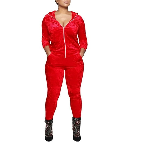 jtjvou rack Suits for Women Set 2 Piece Sweatsuits Outfits Velour Ruched Long Sleeve Zip Up Jacket and Pants Set Loungewear Red XL