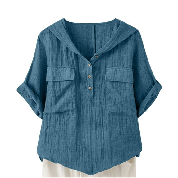 FAHXNVB Women Button Down Shirt Rolled Cuffed Short Sleeve Blouse Ladies Summer Casual V Neck Cotton Beach Tops with Pockets