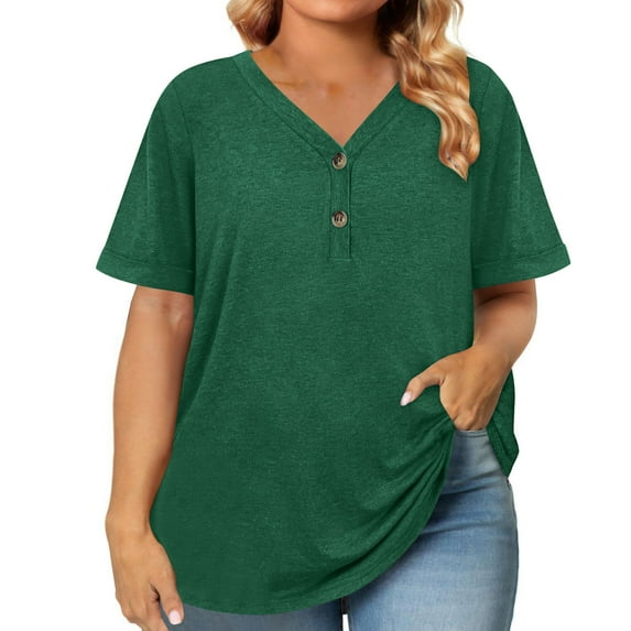 FAHXNVB Womens Summer Tops Plus Size Button Down V Neck T Shirts Short Sleeve Business Casual Loose Solid Color Tunics Blouses