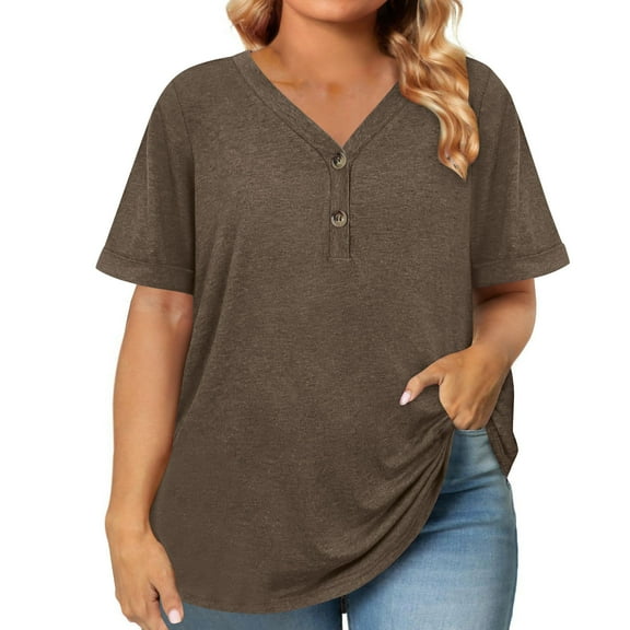 FAHXNVB Womens Summer Tops Plus Size Button Down V Neck T Shirts Short Sleeve Business Casual Loose Solid Color Tunics Blouses
