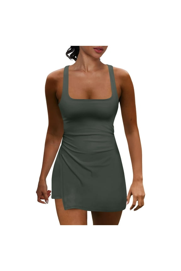 Womens Tennis Dress with Built in Shorts Square Neck Sleeveless Workout Athletic Mini Skort Dress Soft Solid Color Golf Summer Outfits