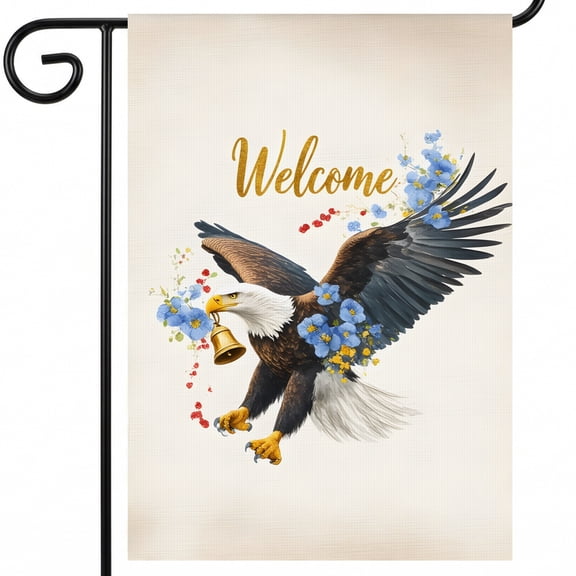 july 4 garden flag A bald eagle flying through the air with a bell in its talons. Welcome 250 years of freedom flag 28x40 Inch Double Sided Size forth of july decorations outdoor
