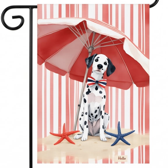july 4 garden flag A dalmatian dog sitting under an umbrella on the beach. Hello patriotic flags 28 x 40 double sided 28x40 Inch Decorative Size outdoor 4th of july decorations