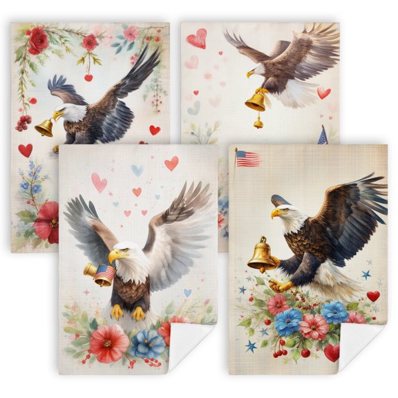 july 4 kitchen towels A bald eagle flying through the air with a bell in its talons microfiber towels for kitchen 4-Pack 16 by 24 Inch decorative towels for kitchen