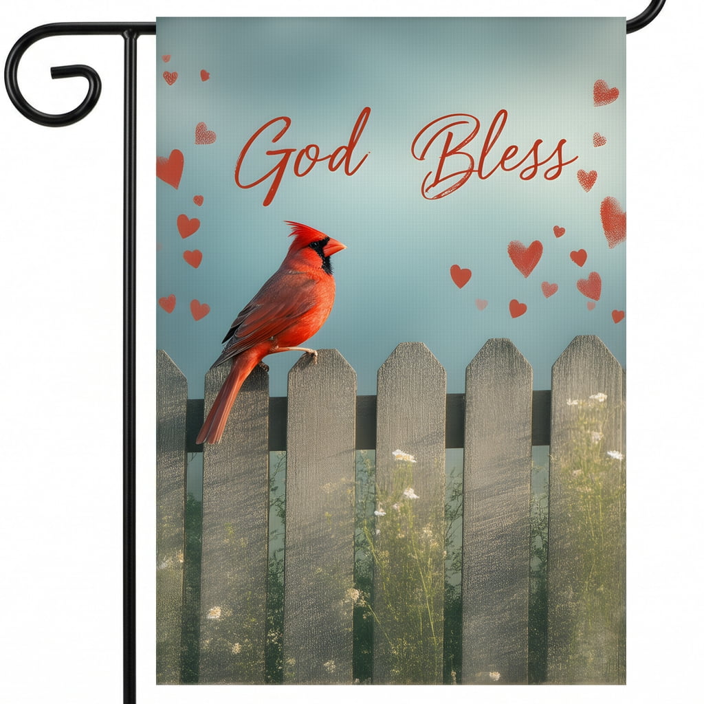 july 4th garden flag A red bird sitting on top of a wooden fence. God Bless 4th july decorations 28x40 Inch Large Format americana home decor