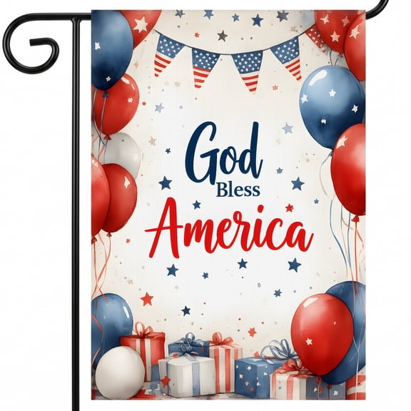 july 4th garden flag a bunch of red white and blue balloons with the words god bless america God Bless America independence day flag 28x40" Home Banner Size american flag yard decor