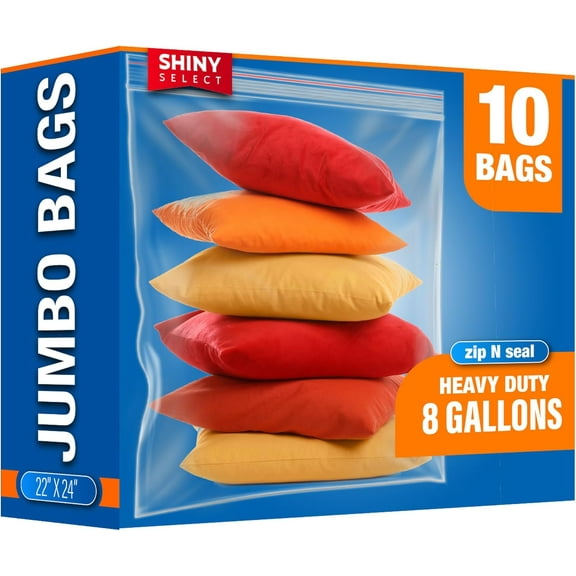 jumbo big zip and lock 22" x 24" - 8- gallon huge resealable bag with zipper top lock storage bags - [10 bags] xxlarge for seasonal clothing, blanket, linens, pillows, food - by sh
