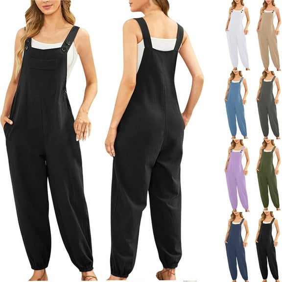 jumpsuits for Women Dressy 2024 Fashion and Casual Cold Shoulder Jumpsuit Solid Button Suspender Jumpsuits Wide Pocket Leg Pant Present for Women Up to 65% off