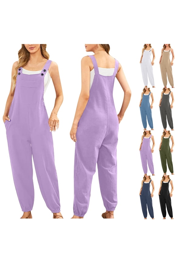 jumpsuits for Women Dressy 2024 Fashion and Casual Cold Shoulder Jumpsuit Solid Button Suspender Jumpsuits Wide Pocket Leg Pant Present for Women Up to 65% off