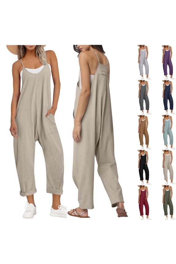 jumpsuits for Women Dressy 2024 Fashion and Casual Cold Shoulder Jumpsuit Solid Suspender Jumpsuits Wide Pocket Leg Pant Present for Women Up to 65% off