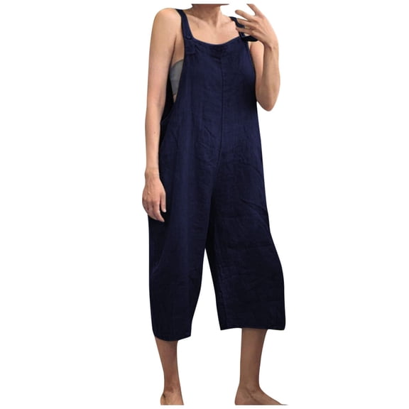 jumpsuits for women casual summer sleeveless suspender overalls cotton linen capri pants solid color romper