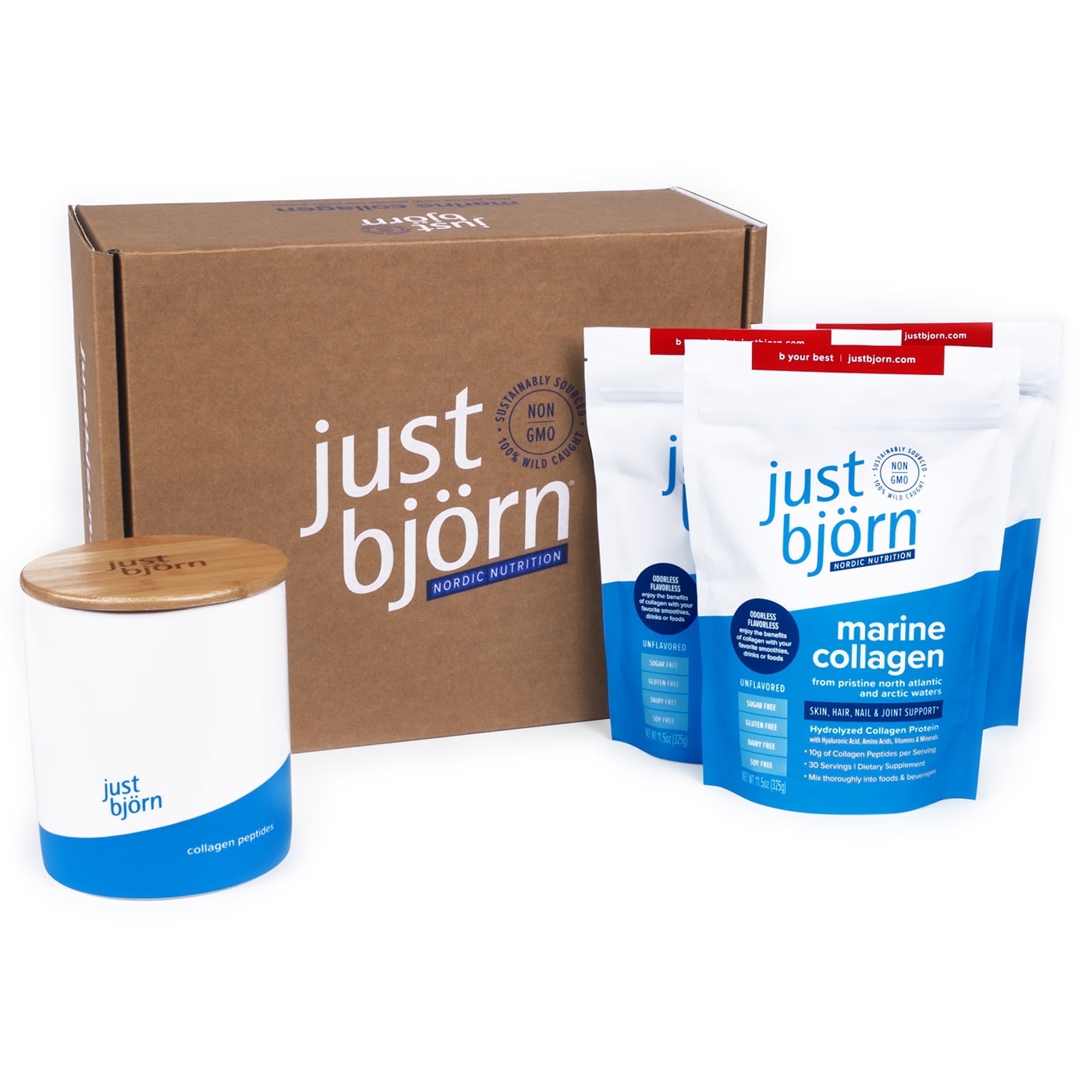 Just Bjorn Marine Collagen Peptides Starter Kit - Collagen Powder for Women & Men - Skin, Hair, Nail & Joint Support - Hyaluronic Acid, Vitamin C, Amino Acids - Unflavored (90 Servings)