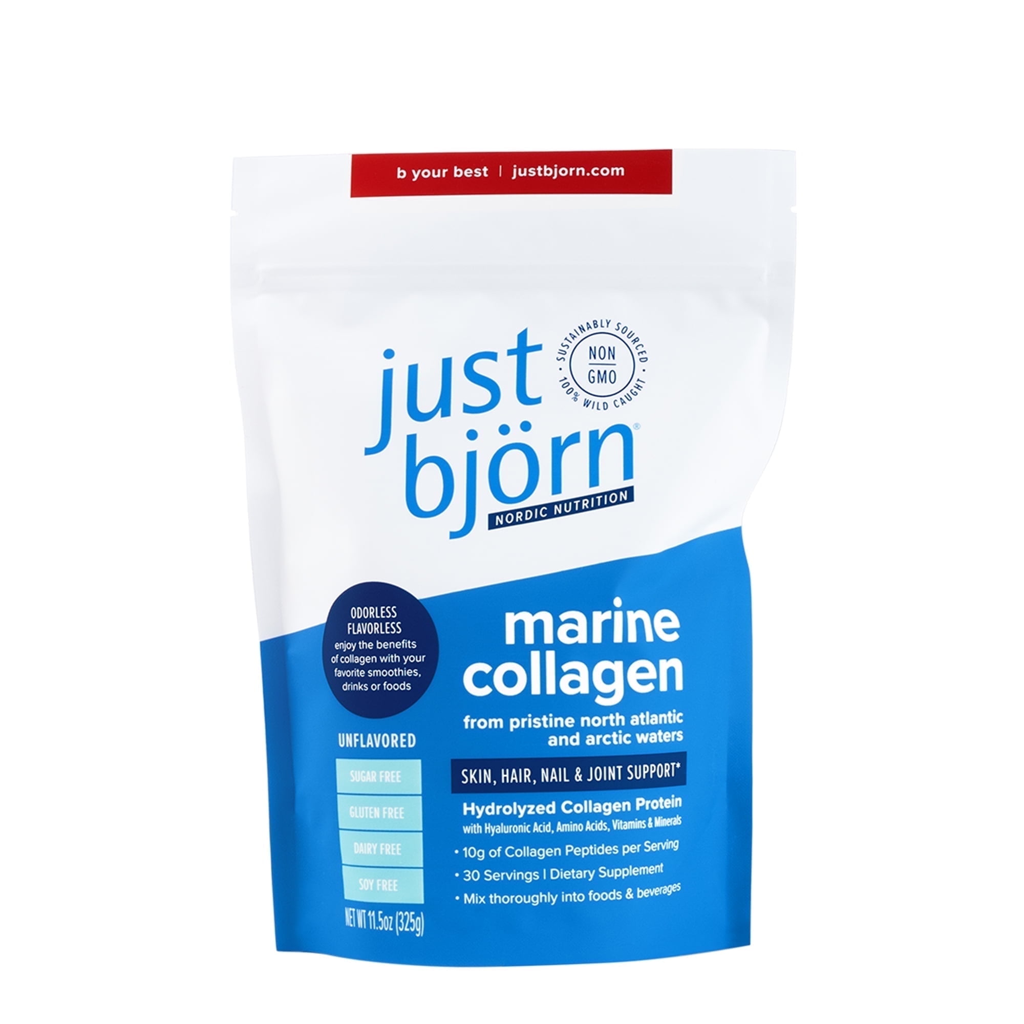 Just Bjorn Marine Collagen Peptides Powder for Women & Men - Skin, Hair, Nail and Joint Support - Hyaluronic Acid, Vitamin C, Amino Acids - Unflavored (30 Servings / 11.5 Ounce)