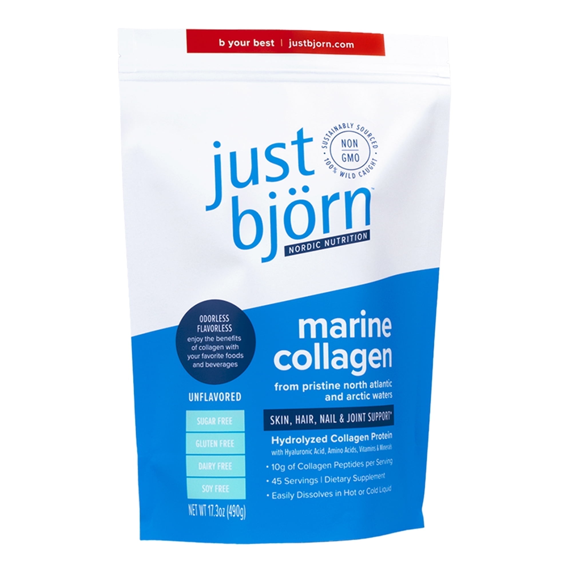 Just Bjorn Marine Collagen Peptides Powder for Women & Men - Skin, Hair, Nail and Joint Support - Hyaluronic Acid, Vitamin C, Amino Acids - Unflavored (45 Servings / 17.3 Ounce)