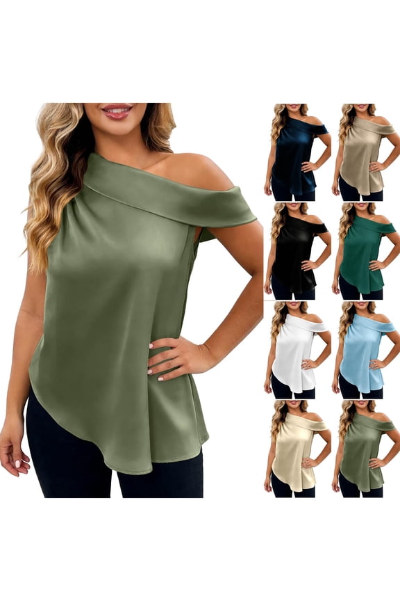 Asymmetrical Off-Shoulder Shirt Womens Tops Sleeveless Ruching Satin Tunic Elegant Trendy Dressy Blouses Navy,S