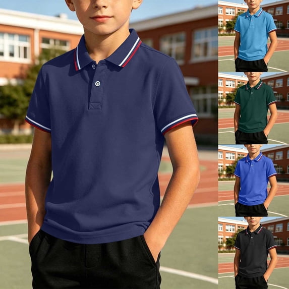justHIGH Boys Girls School Uniform Summer Short Sleeve Henley Shirts 3-12 Years Collared Button Up Shirt Back to School Outfit Blue,L