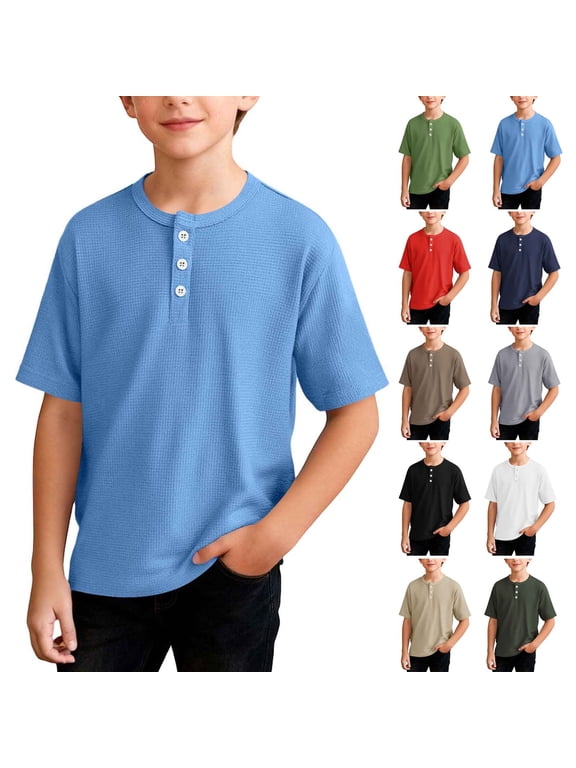 Boys Short Sleeve Henley Shirt Kids Casual Button Front Summer T-Shirts Trendy Waffle Tops Back to School Tees 4-13 Y Blue,11 Years
