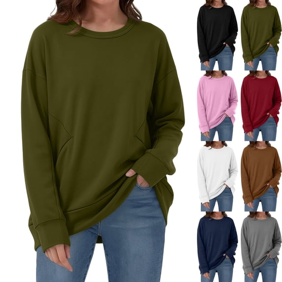 justHIGH Crewneck Fall Sweatshirts for Women Trendy Solid Color Plain Long Sleeve Pullover Fashion Tops Army Green,M
