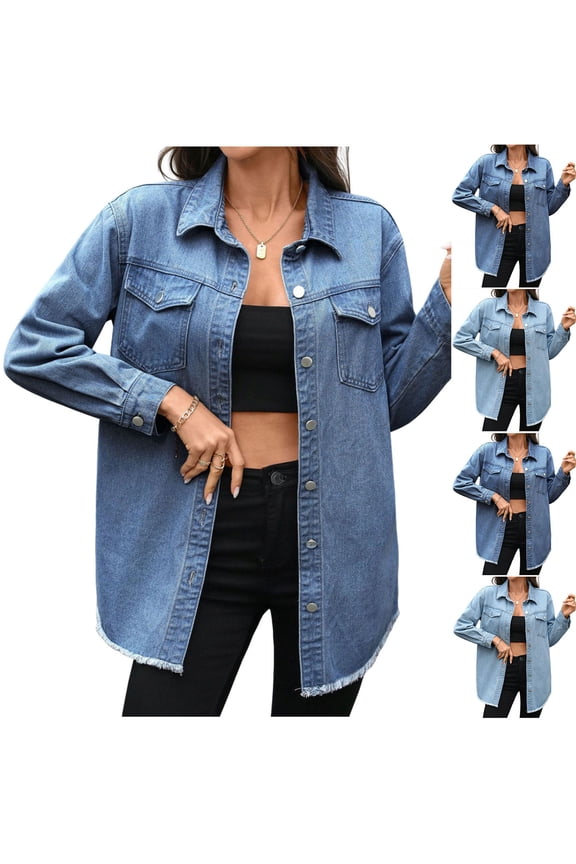 Jean Jackets for Women Fall Fashion Oversized Button Down Denim Jacket Western Shacket Jacket with Pockets Blue,XL