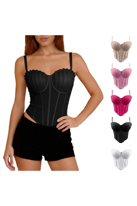 Lace Corset Tops for Women Y2k Going Out Bustier Top Sleeveless Adjustable Straps Boned Crop Tops with Back Hooks Black,L