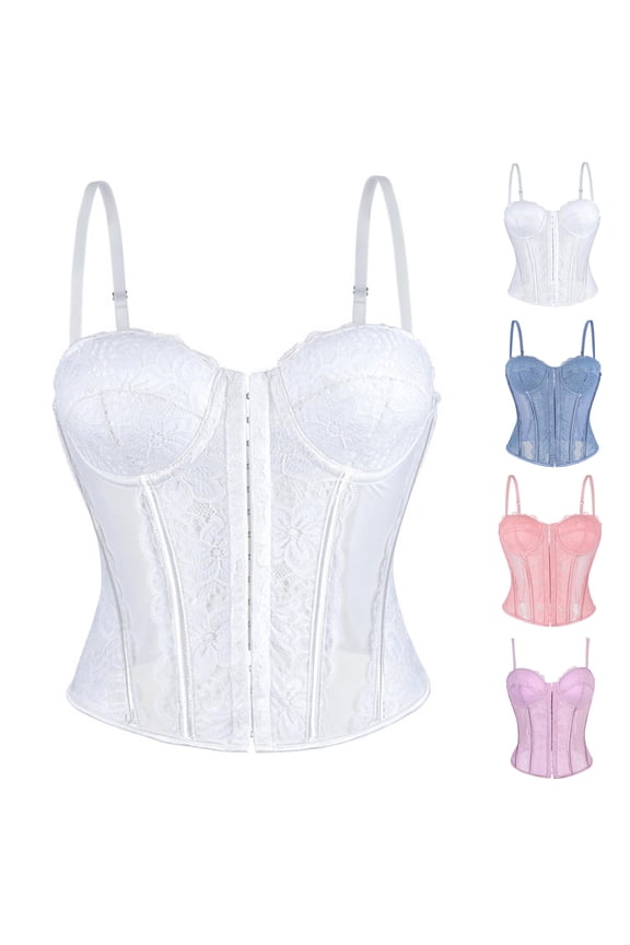 Lace Corset Tops for Women with Straps Adjustable Bustier Corset Top Renaissance Going Out Party Crop Top White,S