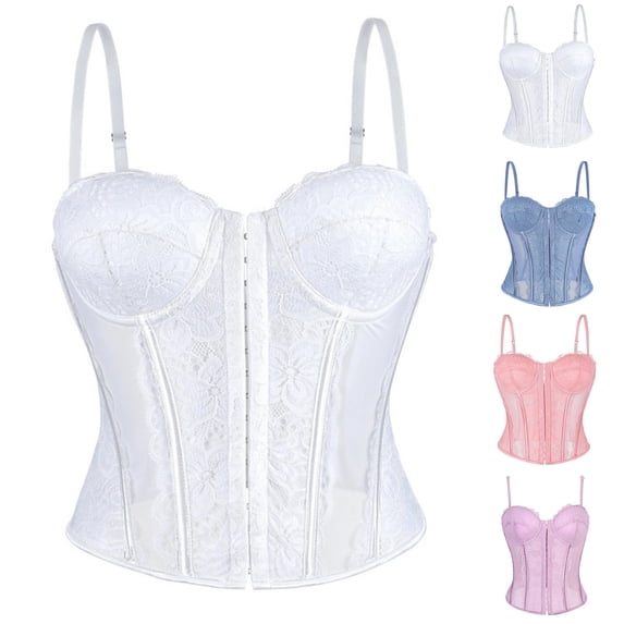 justHIGH Lace Corset Tops for Women with Straps Adjustable Bustier Corset Top Renaissance Going Out Party Crop Top White,S