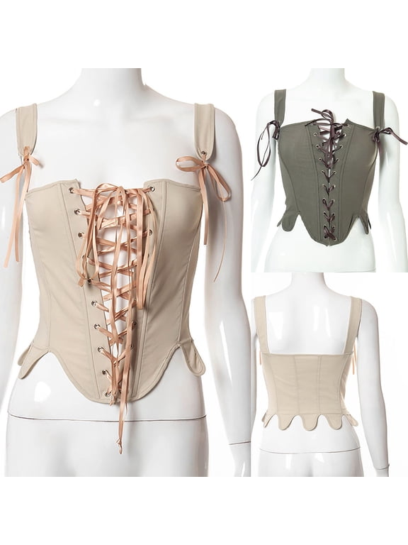 Lace Up Bustier Tops for Women Renaissance Bodyshaper Corset Going Out Boned Overbust Bustier Bodice Khaki,S