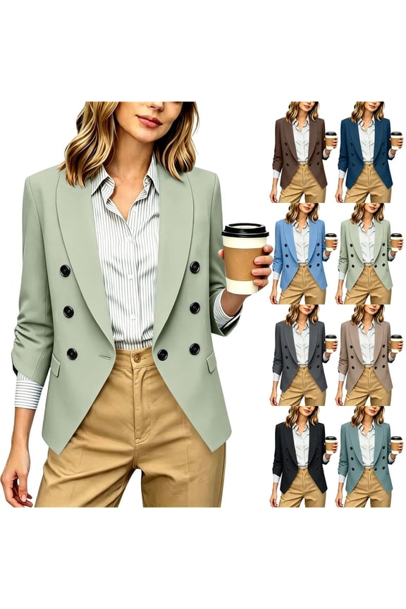 Ruched 3/4 Sleeve Blazer for Women Business Casual Double Breasted Lapel Suit Jackets Formal Blazers with Pockets Black,M