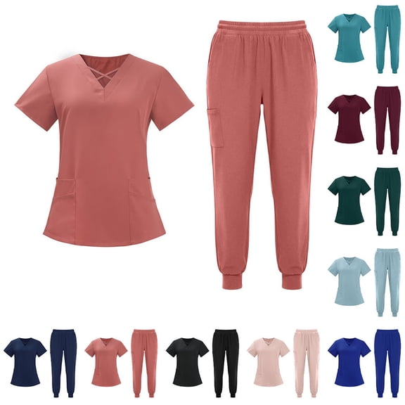 justHIGH Scrub Sets for Women Medical Uniform Stretch V-Neck Top & Straight Leg Jogger Pants with Pockets for Nurse Workwear Wine,S