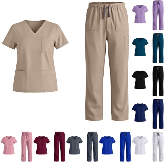 justHIGH Scrubs Set for Women Nurse Uniform Jogger Suit Short Sleeve V-Neck Stretch Top & Wide Leg Pants with Pockets Workwear Pink,XL
