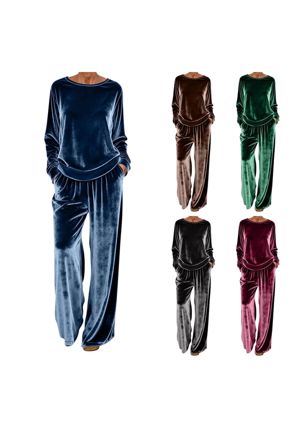 Women Velour Tracksuit 2 Piece Lounge Set Long Sleeve Pullover Top and Wide Leg Pants Velvet Pajamas Set Green,S