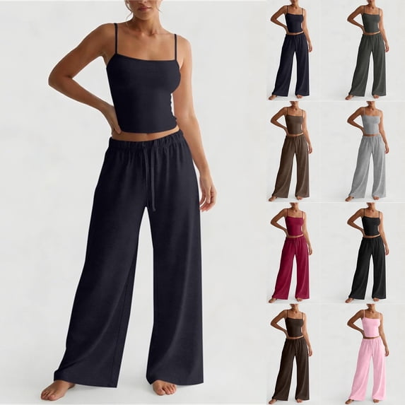 justHIGH Women's 2 Piece Lounge Set Spring Summer Outfits Camisole Top & Wide Leg Pants Matching Sets Beach Vacation Trendy Clothes Dark Gray,XS