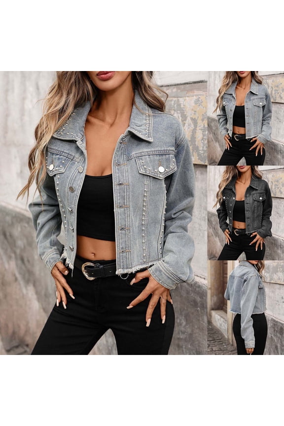 Women's Denim Jackets Cropped Long Sleeve Basic Button Down Crop Jean Shacket with Pockets Blue,XL