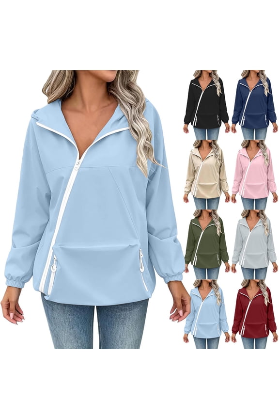 Women's Diagonal-Zip Hiking Jacket Cute Solid Color Open Front Raincoats with Zipper Kanga Pockets Army Green,L
