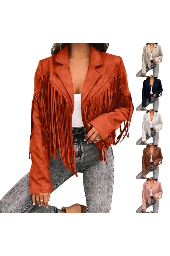 Women's Fringe Faux Suede Leather Jackets Fall Fashion Tassel Motorcycle Cropped Coats 80s Outfit Black,XL