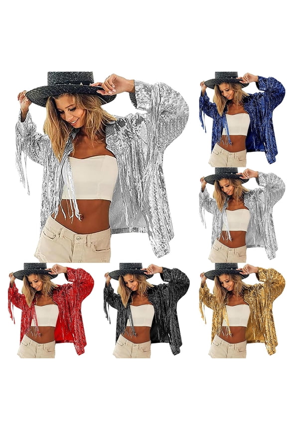 Women's Fringe Sequin Jacket Coat Long Sleeve Disco Theme Concert Rave Tassel Bomber Jackets Sparkly Shiny Glitter Tops Blue,Free Size