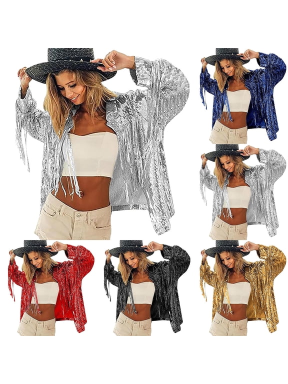 Women's Fringe Sequin Jacket Coat Long Sleeve Disco Theme Concert Rave Tassel Bomber Jackets Sparkly Shiny Glitter Tops Blue,Free Size
