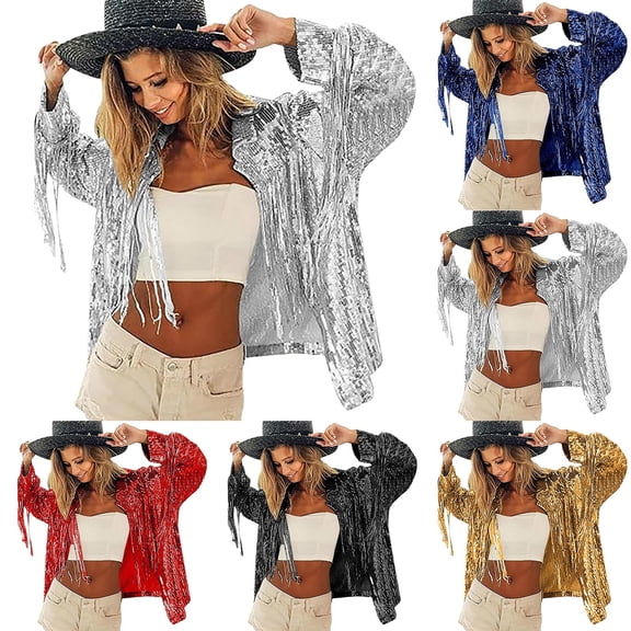 justHIGH Women's Fringe Sequin Jacket Coat Long Sleeve Disco Theme Concert Rave Tassel Bomber Jackets Sparkly Shiny Glitter Tops Gold,Free Size