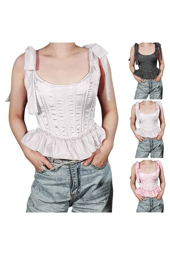 Women's Lace Up Cami Corset Tops Renaissance Victorian Going Out Bodyshaper Overbust Ruffled Wedding Party Bustier Top Pink,S