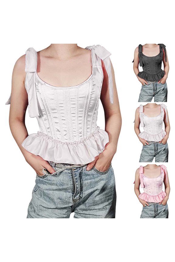 Women's Lace Up Cami Corset Tops Renaissance Victorian Going Out Bodyshaper Overbust Ruffled Wedding Party Bustier Top White,M