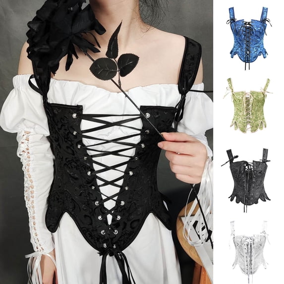 justHIGH Women's Lace Up Corset Tops Renaissance Medieval Going Out Bustier Boned Waist Overbust Bodyshaper Black,XL