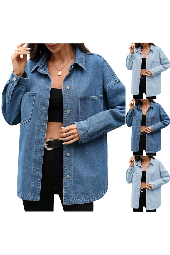 Women's Oversized Denim Jacket Long Sleeve Button Down Shacket Coat Boyfriend Distressed Jean Jackets with Pockets Blue,XL