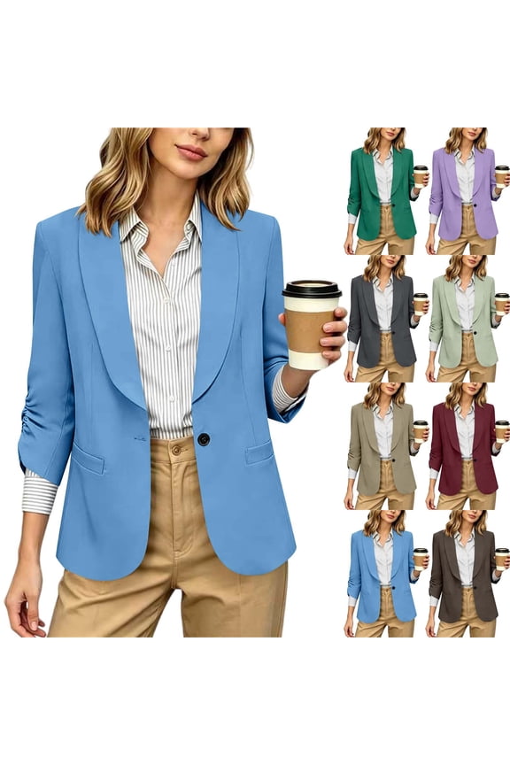 Women's Ruched 3/4 Sleeve Blazer Business Casual Shawl Collar Work Blazers One Button Suit Jackets with Pockets Blue,S