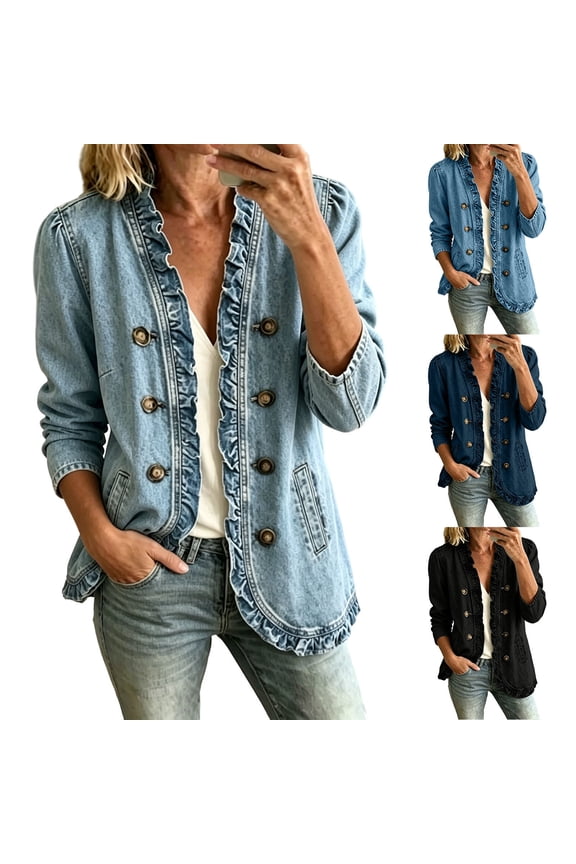Women's Ruffled Trim Denim Jackets Double Breasted Long Sleeve Open Front Jean Top Casual Pockets Coat Blue,XXL