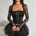 thumbnail image 1 of justHIGH Women's Sheer Mesh Long Sleeve Corset Top Lace Boned Going Out Y2k Club Outfits Square Neck Bustier Crop Tops Black,M, 1 of 5