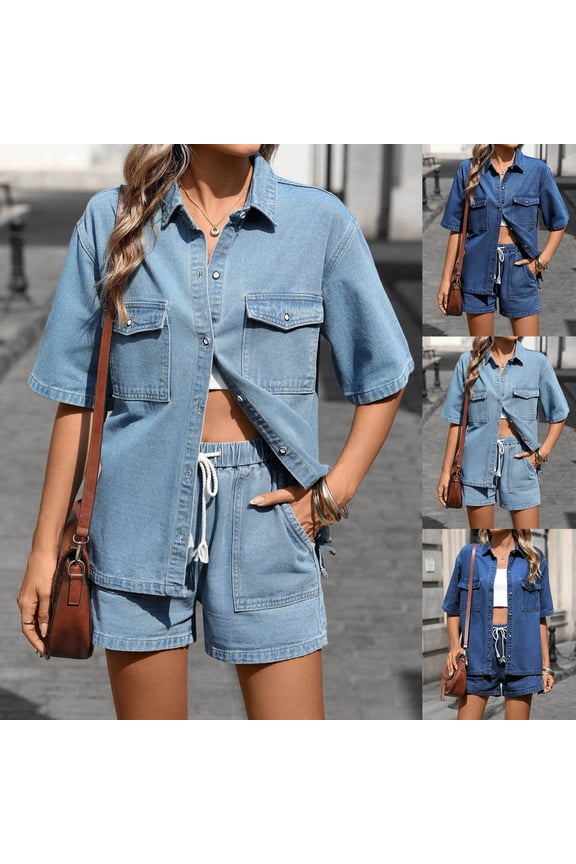 Women's Summer Denim 2 Piece Outfits Short Sleeve Button Down Shirt Elastic Waist Drawstring Wide Leg Shorts Matching Set Dark Blue,XL