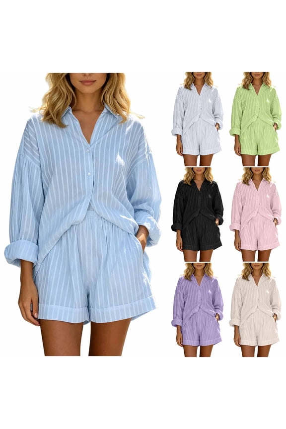 Womens 2 Piece Outfits Striped Long Sleeve Button Down Collared Blouse Shirt Matching Shorts Sets for Spring Summer Blue,L