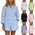 thumbnail image 1 of justHIGH Womens 2 Piece Outfits Striped Long Sleeve Button Down Collared Blouse Shirt Matching Shorts Sets for Spring Summer Blue,XL, 1 of 6
