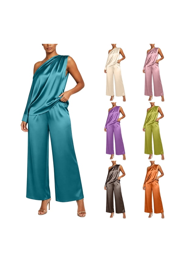 Womens Satin 2 Piece Outfits Off One Shoulder Pullover Top and Wide Leg Pants Silky Dressy Casual Matching Sets Pink,S